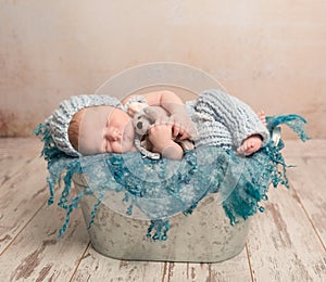 Beautiful newborn baby sleeping on woolen blanket