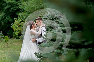 Beautiful newlyweds couple walking in the woods. Honeymooners. Bride and groom holding hand in pine forest photo