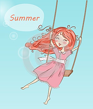 Beautiful, nice, cute red-haired girl swinging on a swing.
