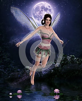 Beautiful night fairy in front of a full moon