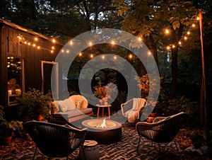 Beautiful night garden with cozy furniture and glowing garland in the evening. Autumn evening