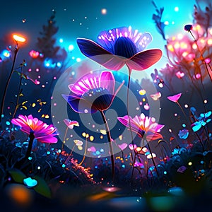 Beautiful night landscape with flowers and magic lights. Vector illustration. AI generated