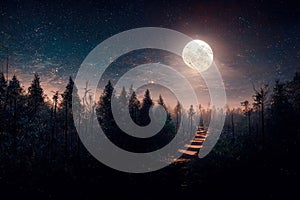 Beautiful night landscape with path to the forest and full moon. Generative AI Oil painting