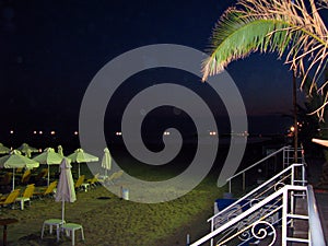 Beautiful night landscape on the seashore, beach umbrellas, palm tree branch, dark sea