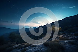 Beautiful night landscape with starry sky and lonely tree in mountains