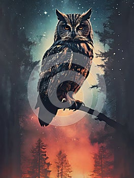 Beautiful night owl portrait perching