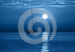 Beautiful night sea, yacht and full moon. Night classic blue seascape. Trendy Banner with color of the year 2020