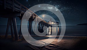 Beautiful night seascape with stars in the sky and pier stretching into the ocean. Summer, Travel, Vacation and Holiday