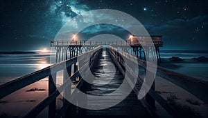 Beautiful night seascape with stars in the sky and pier stretching into the ocean. Summer, Travel, Vacation and Holiday