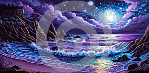 Beautiful night seascape with waves and clouds, starry sky and full moon. Fantasy illustration