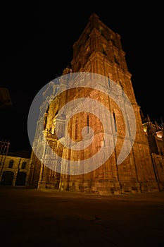 Beautiful Night Shot Of The Cathedral`s Bell Tower In Astorga. Architecture, History, Camino de Santiago, Travel, Night Photograp