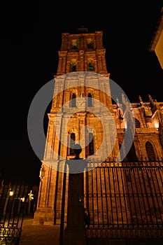 Beautiful Night Shot Of The Cathedral`s Bell Tower In Astorga. Architecture, History, Camino de Santiago, Travel, Night Photograp