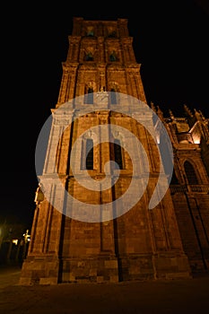 Beautiful Night Shot Of The Cathedral`s Bell Tower In Astorga. Architecture, History, Camino de Santiago, Travel, Night Photograp