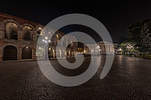 Beautiful night shot of the empty Piazza Bra in Verona, Italy