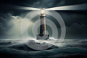 Beautiful night sky behind a shining lighthouse during a storm and thunderstorm with lightning