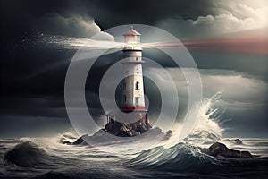 Beautiful night sky behind a shining lighthouse during a storm and thunderstorm with lightning