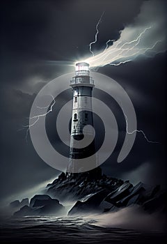 Beautiful night sky behind a shining lighthouse during a storm and thunderstorm with lightning