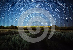 Beautiful night sky, Milky Way, star trails and the trees