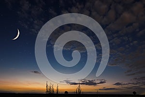 Beautiful night sky,moon, Beautiful clouds on night background. Moon Waning Crescent