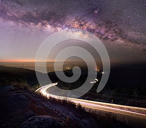 Beautiful Night Starry sky with Rising Milky Way over the mountain, Thailand