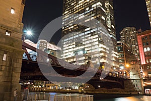 Beautiful night time establishing shot view of downtown Chicago bridge