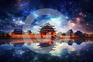 Beautiful night view of the ancient city of Beijing, China, Gyeongbokgung palace and Milky Way in Seoul, South Korea, AI Generated