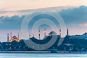 Beautiful night view of Bosphorus strait with Sultan Ahmed Mosque blue mosque and Hagia Sophiamosque, View from Uskudar,