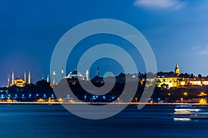 Beautiful night view of Bosphorus strait with Sultan Ahmed Mosque blue mosque and Hagia Sophiamosque, View from Uskudar,