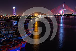 Beautiful Night view of Han river and buildings in Danang city, Vietnam