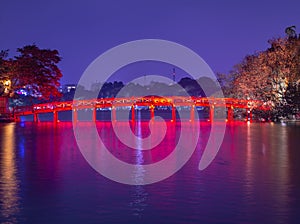 Beautiful night view of the Huc bridge at the Hoan Kiem LakeRed Bridge,Hanoi,Vietnam