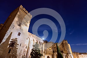 Beautiful night view of the Palace of the Popes with the rising moon in Avignon city