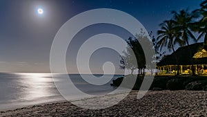 Beautiful night view of a a paradise beach with silver glow of moonlight reflecting off of water.