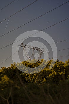 Beautiful night view of power lines, electric transmission pylon, falling Lyrid meteor and spring yellow flowering gorse Ulex