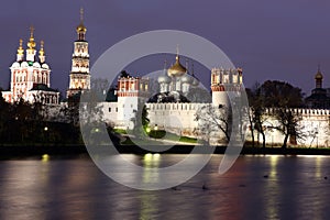 Beautiful night view of Russian orthodox churches in Novodevichy Convent monastery, Moscow, Russia, UNESCO world heritage site
