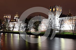 Beautiful night view of Russian orthodox churches in Novodevichy Convent monastery, Moscow, Russia, UNESCO world heritage site