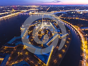 Beautiful night view of Saint-Petersburg, Russia, Peter and Paul Fortress with cityscape and scenery beyond the city