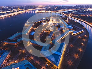 Beautiful night view of Saint-Petersburg, Russia, Peter and Paul Fortress with cityscape and scenery beyond the city