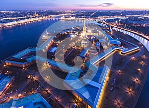 Beautiful night view of Saint-Petersburg, Russia, Peter and Paul Fortress with cityscape and scenery beyond the city