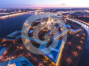 Beautiful night view of Saint-Petersburg, Russia, Peter and Paul Fortress with cityscape and scenery beyond the city