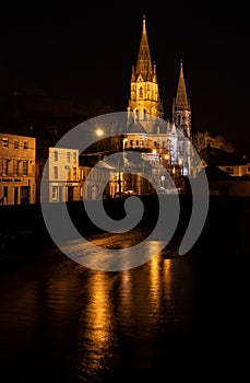 Beautiful night view scene Cork city center old town Ireland cityscape reflection river Lee