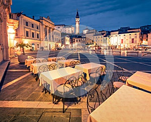 Beautiful night view of Tartini Square in old town Piran. Splendid spring sunset in Slovenia, Europe. Traveling concept background