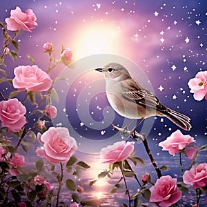 A beautiful nightingale sits on a branch wild roses and sings in the moonlight