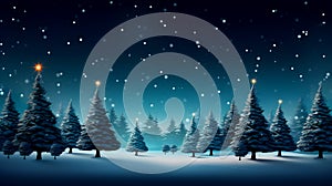 beautiful nighttime winter scene with snow-covered Christmas trees sparkling with star-like lights blue starry sky
