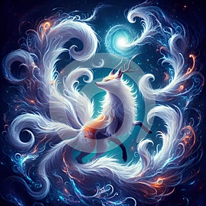 A beautiful nine tails fox spirit, swirling its tails in an otherwordly dance, fox fire arounds, ethereal painting art