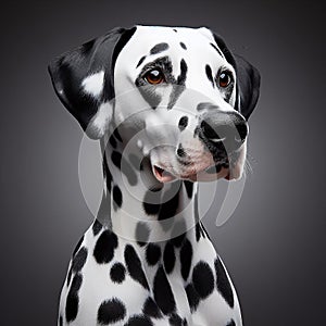 beautiful and noble Dalmatian dog, in a close-up pose on display generated by artificial intelligence.