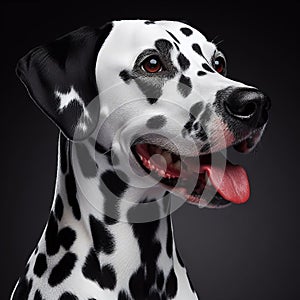 beautiful and noble Dalmatian dog, in a close-up pose on display generated by artificial intelligence.