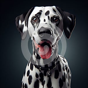 beautiful and noble Dalmatian dog, in a close-up pose on display generated by artificial intelligence.