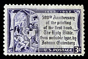 1952 U.S. Postage Stamp#1014 commemorating the 500th anniversary of the printing of the first book, the Bible by Gutenberg
