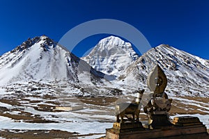Beautiful North face of sacred Kailash mountain with golden deer and dharma wheel