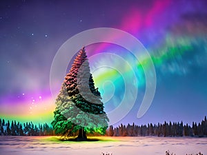 Beautiful northern lights dancing on the winter night sky.